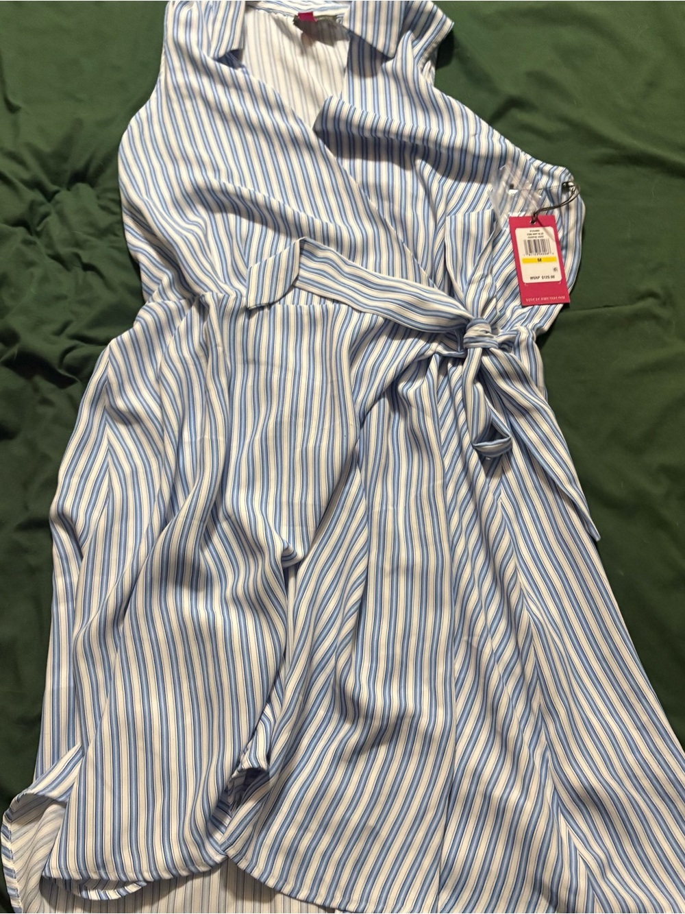 Vince Camuto Airy Blue and White Striped Tie-Waist Dress